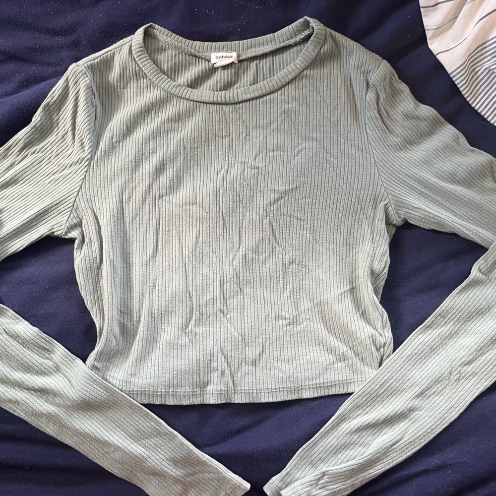 Garage sage green long sleeve ribbed crop top, size XS